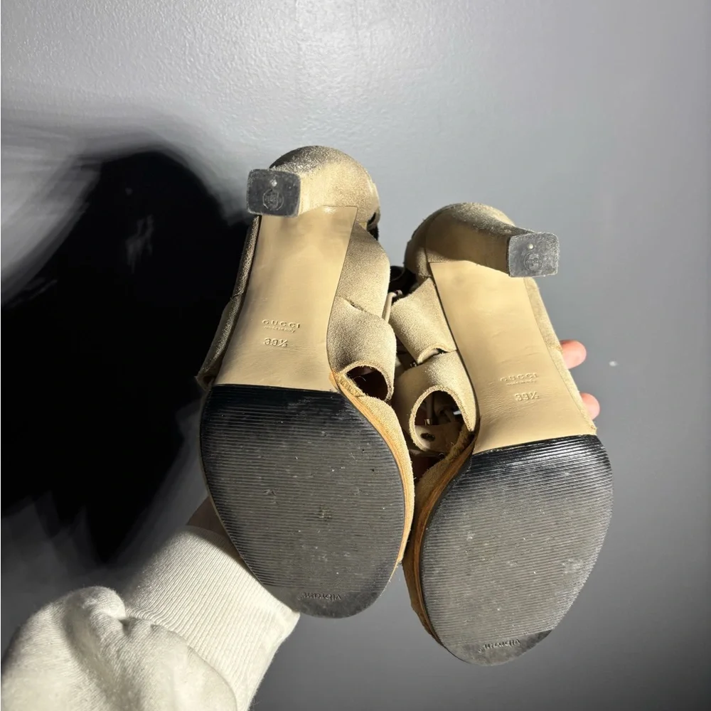 GUCCI Jasmine Beige Suede Lace Up Espadrille Heeled Sandals Size 39.5 - Picture 9 of 10